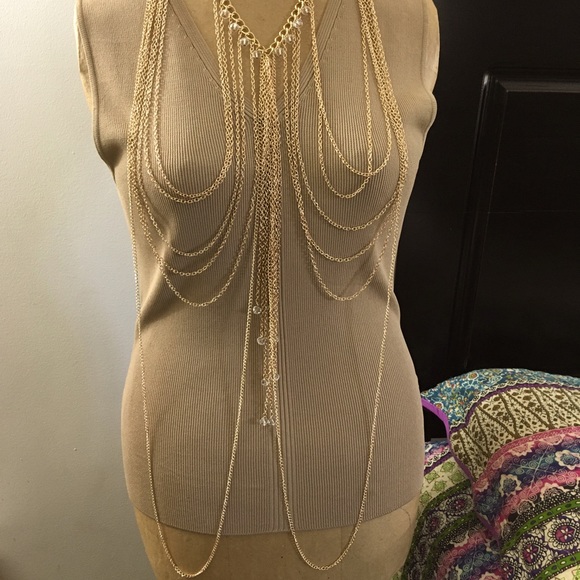 Facetted Clear Glass Beaded Multi Strand All Over Body Chain Goldplated - Picture 6 of 13